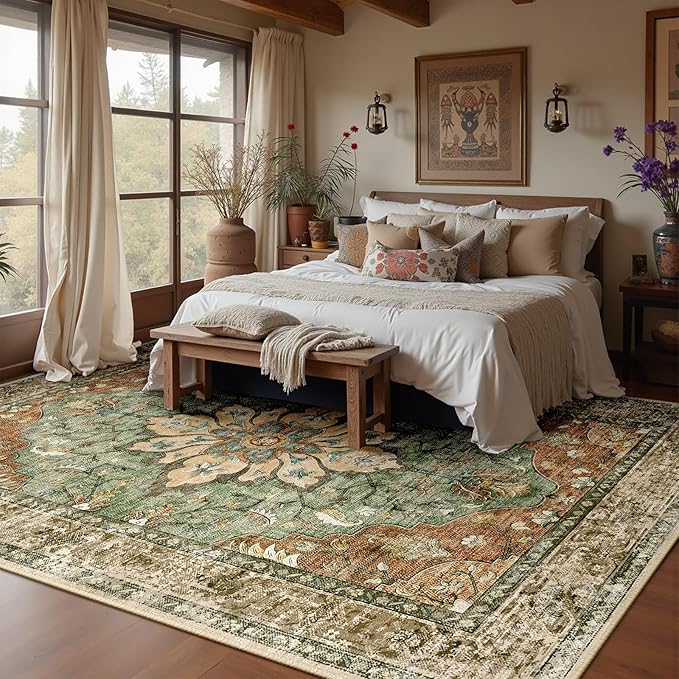 Area Rugs 10'x12' Washable Non-Slip, Floral Vintage Distress Print Pattern Medallion Carpet for Living Room Bedroom Dining Room, Brick Red Rust Neutral Brown Burnt Orange Green