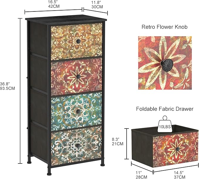 GiftGo Retro Dresser with Fabric Drawers Boho Mandala Flower Chest of Drawers Narrow Storage Tower for Small Spaces Gaps Bedroom Beautiful Nightstand Living Room Table (Mandala, 4 Drawers)