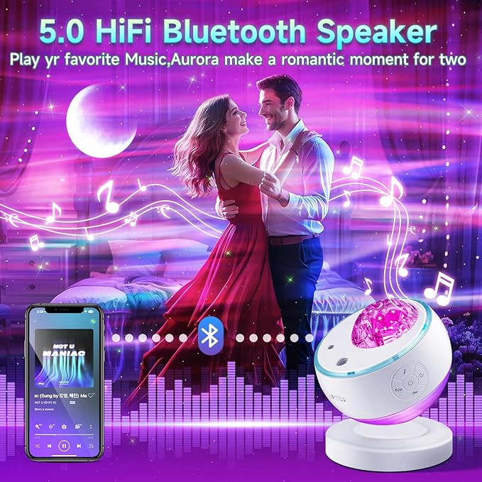 One Fire Northern Lights Projector,300+Color Modes Galaxy Projector for Bedroom, 15 White Noise Galaxy Light Projector, 5Moon Star Projector, Bluetooth Aurora Light Projector, Remote Timer Star Lights