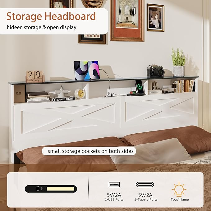 Queen Size Bed Frame with Wooden Storage Headboard, Farmhouse Platform Bedframe with LED Lights and Charging Station, Easy Assembly, No Box Spring Needed (White, Queen)