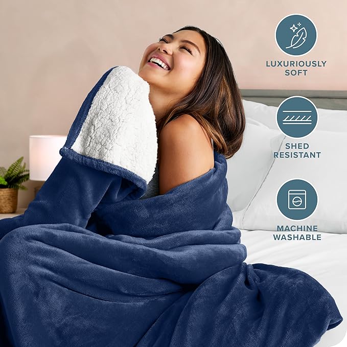 Bare Home Sherpa Fleece Blanket - Throw/Travel Size - Blanket for Bed, Sofa, and Couch - Warm & Lightweight - Fluffy & Soft - Reversible (Throw/Travel, Dark Blue)
