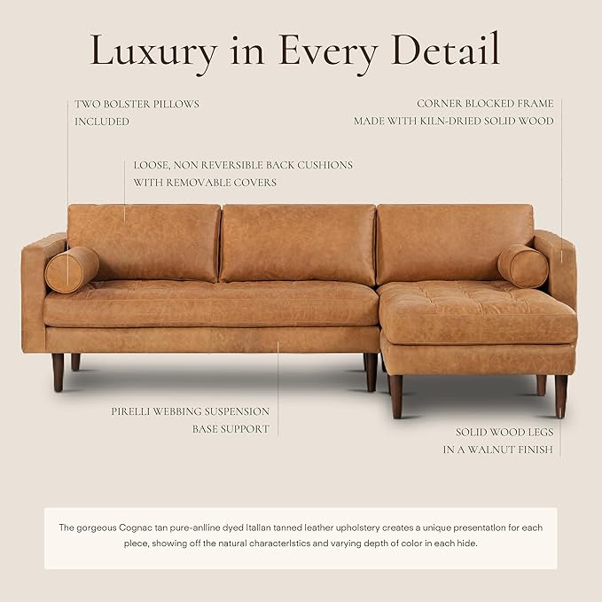 POLY & BARK Napa 104.5" Right-Facing Sectional Sofa – Cognac Tan Full-Grain Pure-Aniline Italian Leather, Feather-Down Cushions, Solid Wood Frame