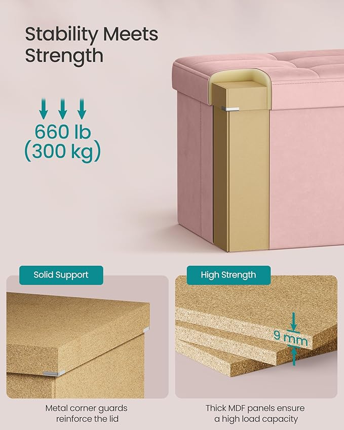 SONGMICS Mazie Collection - 43 Inches Storage Ottoman, Foldable Storage Bench with Flipping Lid, 660 lb Load Capacity, for Entryway, Living Room, Bedroom, Velvet Fabric, Jelly Pink ULSF078SA01