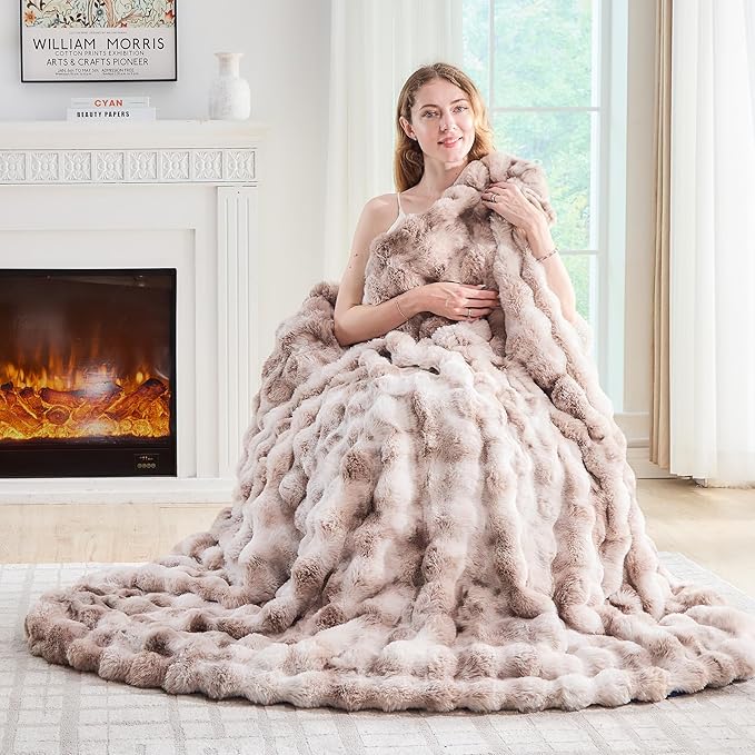 Fluffy Faux Rabbit Fur Throw Blanket - Soft Plush Luxury Bubble Blanket for Couch, Bed (Queen Size 90''x90'', Tie-Dyed Beige)