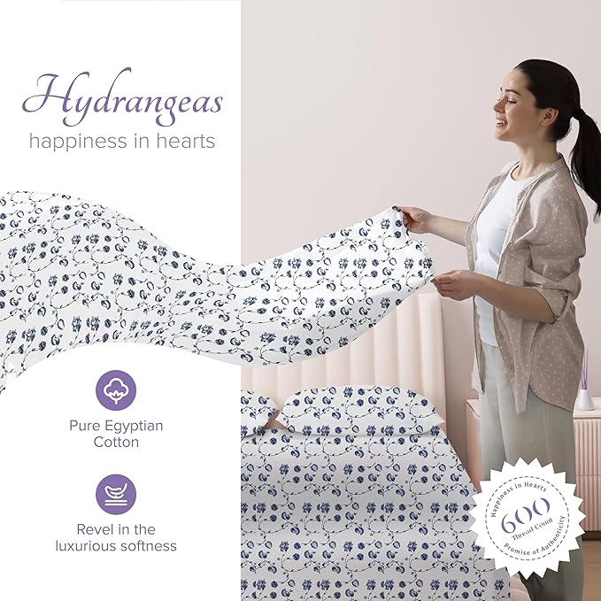 Carressa Linen Luxury Egyptian Cotton Twin XL Printed Sheet Set - 600 Thread Count Extra Long Staple 3 PC Set, Floral Blue Twin XL Sheets, Soft, Cooling Sateen Weave Sheets Upto 18 in Deep Pocket