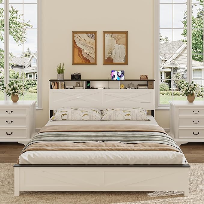 King Size Bed Frame with Wooden Storage Headboard, Farmhouse Platform Bedframe with LED Lights and Charging Station, Easy Assembly, No Box Spring Needed (White, King)