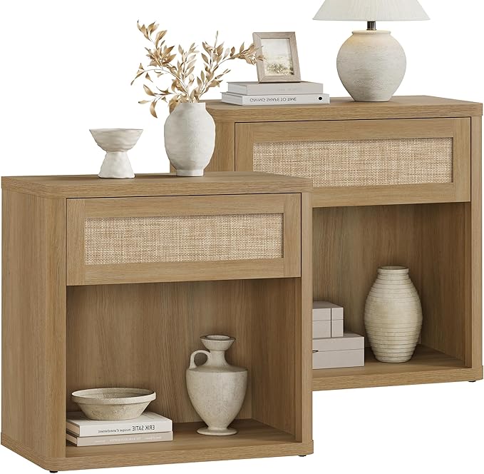 SICOTAS Night Stand Set of 2 26" Wide Large Nightstands with Drawer & Shelf Storage Rattan Bedside Table Boho End Table Tall Bed Side Tables Night Stands for Bedroom Living Room Sofa Office, Amber Oak