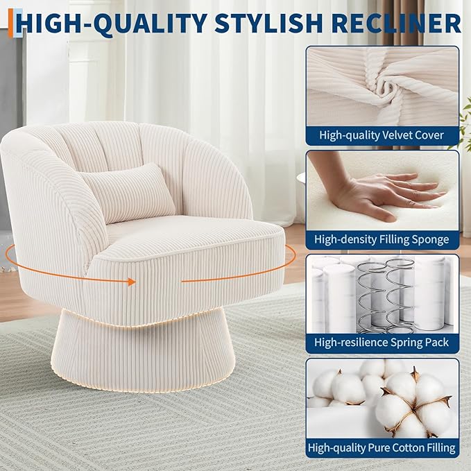GarveeHome Modern Swivel Barrel Accent Chair, 360° Velvet Upholstered Armchair with Striped Backrest & Plush Padding, Comfy Round Lounge Chair (1, Beige + Corduroy)