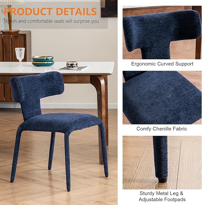 Kidol & Shellder Dining Chairs Set of 6,Modern Upholstered Fabric Dining Room Chairs with Curved Barrel Back,Armless Kitchen Chairs with Metal Legs and Padded Seat for Living Room and Bedroom Blue