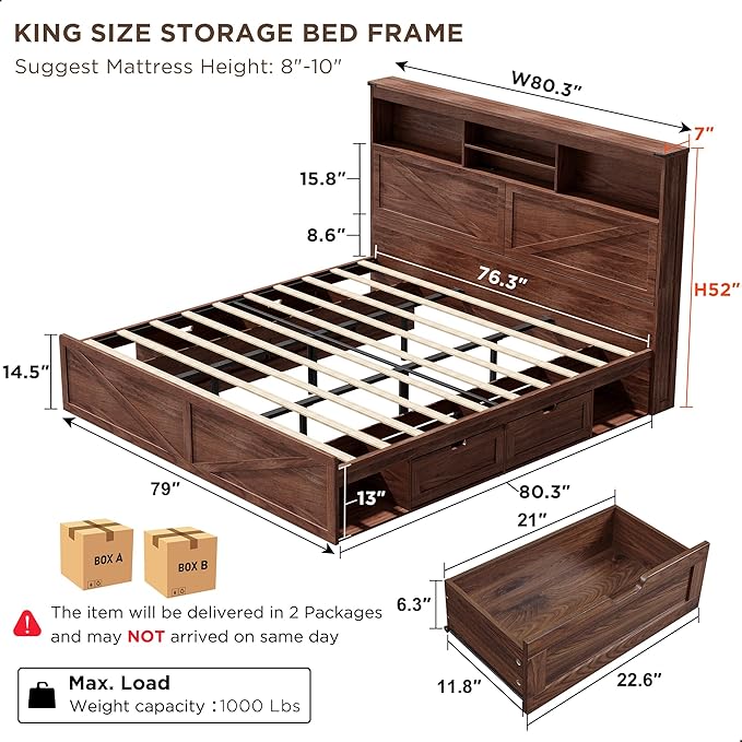 ACCOHOHO Farmhouse King Size Bed Frame with 52" Tall Storage Headboard and LED Light,Wood Platform Bed Frame with 4 Drawers and Charging Station,Solid Wood Slats Support,No Box Spring Needed,Brown