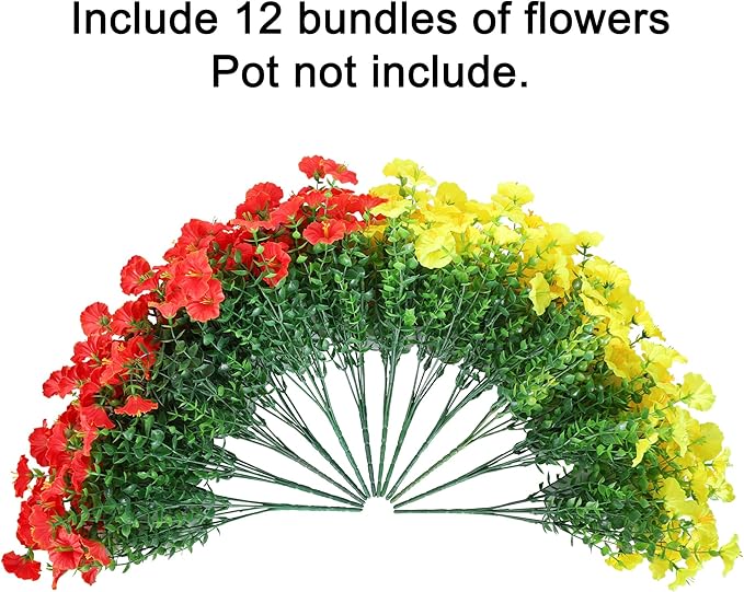 Artificial Flowers Fake Plants for Outdoors Decoration, 12 Bundles Silk Morning Glory with Eucalyptus Realistic UV Resistant Faux Flowers for Outside Planter Porch Yard Patio Garden Home Indoor, Mix