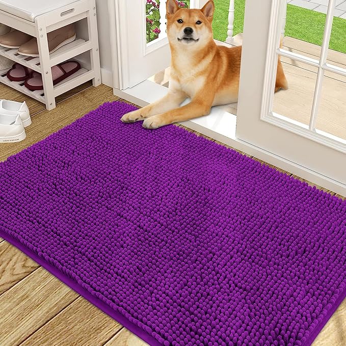 OLANLY Dog Door Mat for Muddy Paws 48x30, Absorbs Moisture and Dirt, Absorbent Non-Slip Washable Doormat, Quick Dry Chenille Mud Mat for Dogs, Entry Indoor Entryway Carpet for Inside Floor, Purple