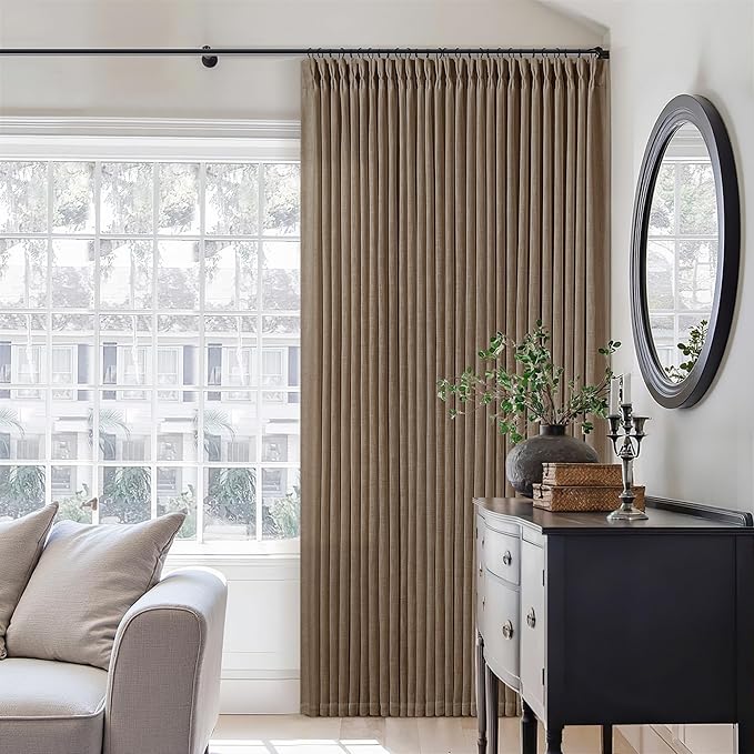 Brown 80 Inch Pinch Pleated Linen Curtains 2 Panels Set for Living Room Bedroom Boho Farmhouse Light Filtering Semi Sheer Back Tab Pinch Pleat Hooks Rings Window Curtain 80 Inches Long Dutch Cocoa