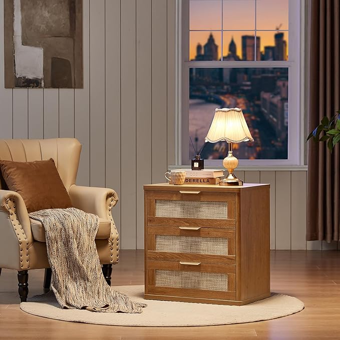 LEYAOYAO Rattan Dresser and Nightstand Set of 2, Boho Wood Dresser for Bedroom with 6 Drawers and Night Stand with 3 Drawer, Bedroom Furniture, Dressers & Chests of Drawers, Living Room, Hallway