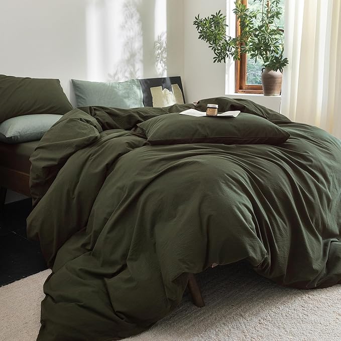 FOSSA Duvet Cover Set 100% Washed Cotton Linen Feel Super Soft Breathable Cozy Simple Style 3 Pieces Bedding Sets Solid Olive Green Super King Plus
