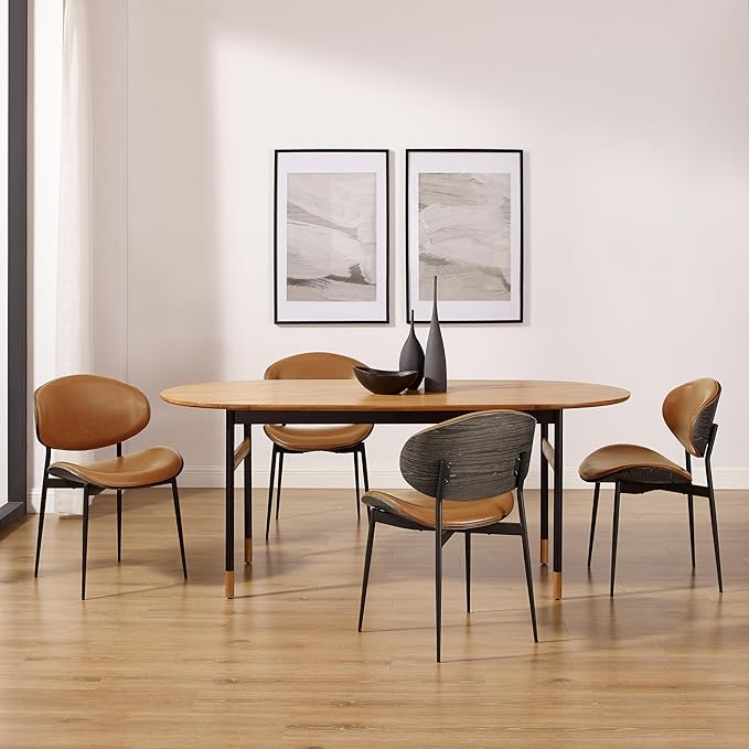 Art Leon Dining Chairs, Set of 2, Grey Oak Bentwood, Mid Century Modern Chair, Orange Faux Leather Kitchen Dining Room Chairs, Accent Chairs for Bedroom