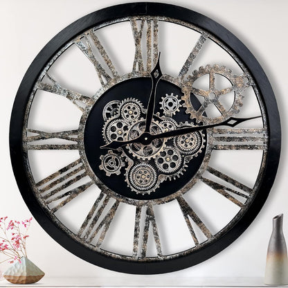The B-Style 36" Large Moving Gear Wall Clock Oversized Vintage Farmhouse Wall Clocks for Living Room Decor Rustic Industrial Wood Clock (Black and Bronze)