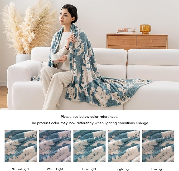 Luxury Printed Fleece Warm Blanket, Soft Lightweight Velvety Plush Throw for Couch and Bed, Cozy Comfy for All Seasons(Blue Floral Silhouette, 70×90 Inches)