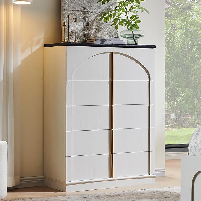 ACCOHOHO Modern 5 Drawers Dresser for Bedroom with Arched Panel,44" Tall Dresser for Closet with Metal Handles,Push-to-Open Wood Storage Closet Dressers Tv Stand for Living Room, Hallway,White