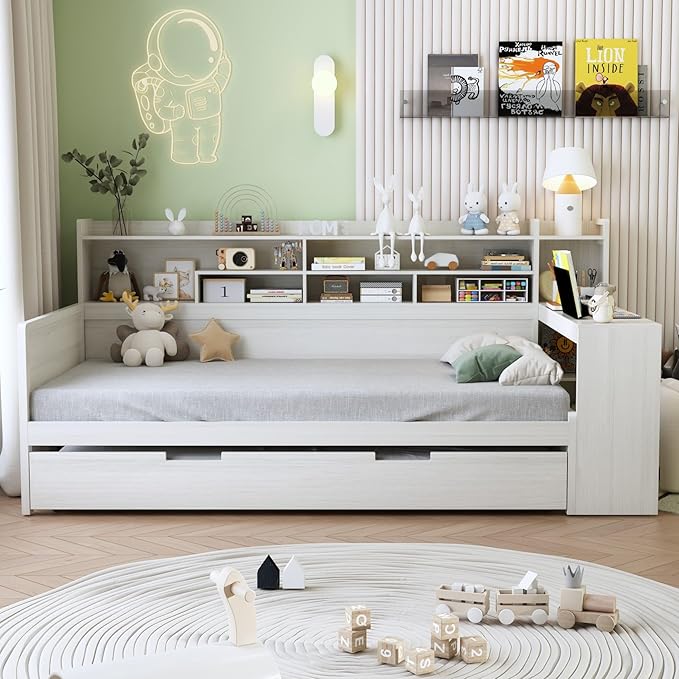 Merax Twin Size Corner Daybed Bed Frames with Desk and Trundle & Storage Shelves Headboard, Pinewood U-Shaped Captain Daybed Bed Frames for Small Room, Bedroom, Guest Room, Kids' Room, White