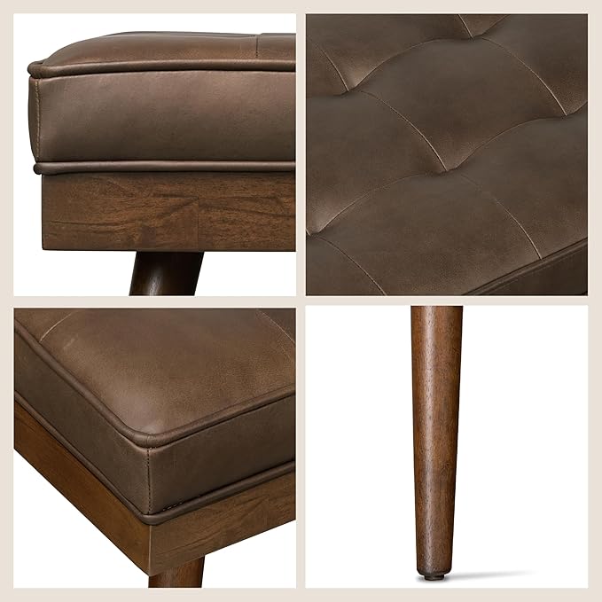 Poly & BARK 55" Tufted Leather Bed Bench for Bedroom End of Bed - Living Room Entry Way Bench - Pure Italian Leather Upholstery with a Solid Wood Frame - Ottoman Bench with Wooden Legs - Cocoa Brown