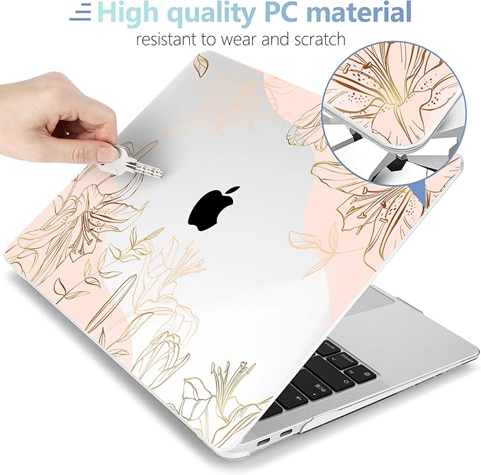MEEgoodo for MacBook Air 13 inch Case 2021 2020 2019 2018 Released A2337 M1 A2179 A1932 with Touch ID, Plastic Hard Shell & Keyboard Cover Compatible with MacBook Air Case 13.3, Gold Flowers Lilies