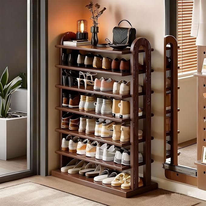 7 Tier Shoe Rack Solid Wood Shoe Organizer for Closet Free Standing Shoe Cabinet Shoe Storage Shelf for entryway, Closet and Doorway, Walnut