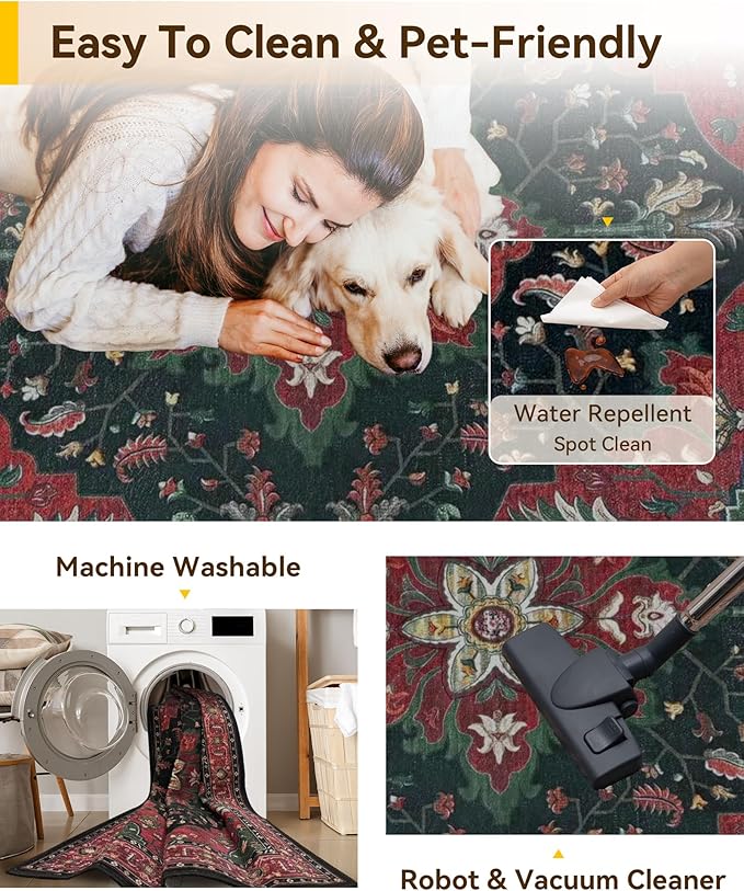 Area Rugs 6'x9' Washable Non-Slip, Floral Vintage Distress Print Pattern Medallion Carpet for Living Room Bedroom Dining Room, Red Black