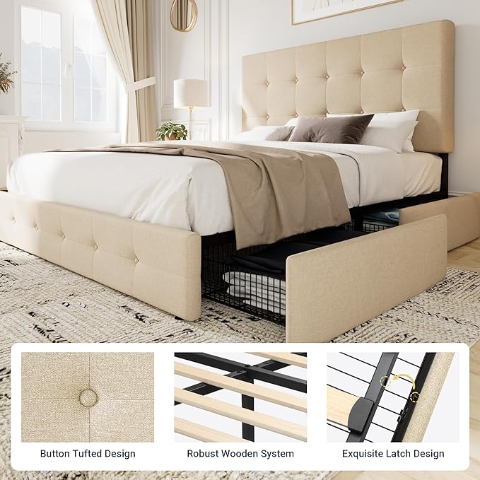 Allewie Upholstered Full Size Platform Bed Frame with 4 Storage Drawers and Headboard, Square Stitched Button Tufted, Mattress Foundation with Wooden Slats Support, No Box Spring Needed, Beige