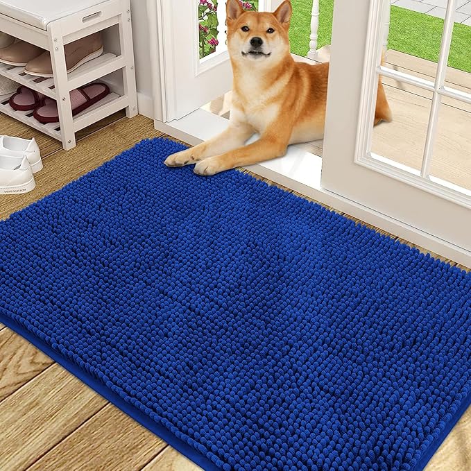 OLANLY Dog Door Mat for Muddy Paws 48x30, Absorbs Moisture and Dirt, Absorbent Non-Slip Washable Doormat, Quick Dry Chenille Mud Mat for Dogs, Entry Indoor Entryway Carpet for Inside Floor, Royal Blue