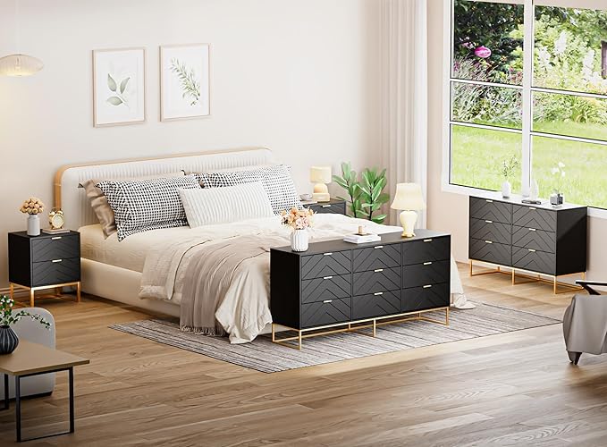 Anbuy Morden 9 Drawer Dresser and Nightstand Sets for Bedroom, 3 Pieces Bedroom Sets Night Stand Set of 2 & 9 Drawer Dresser with Gold Handles, Wood Chest of Drawers Storage Cabinet Set, Green Black
