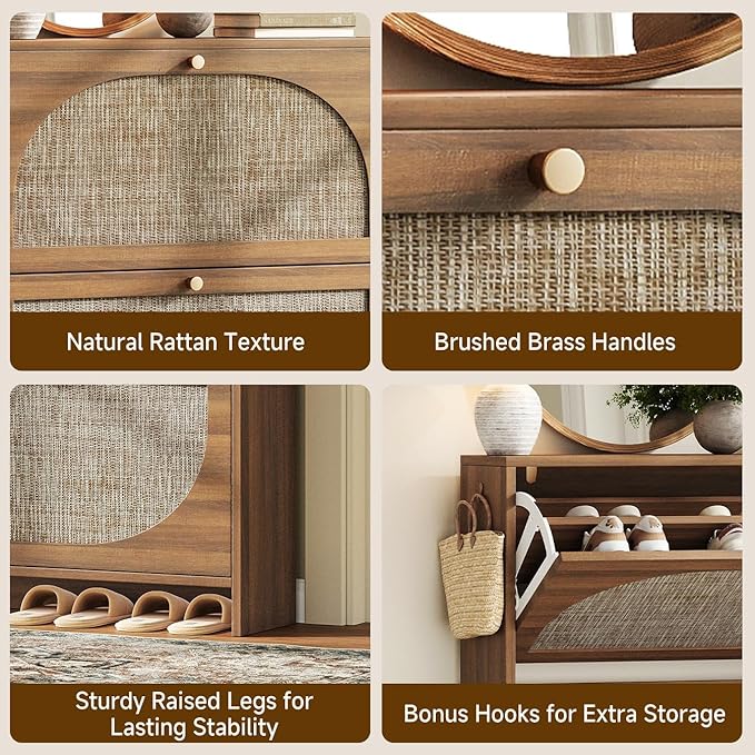 Nicetree Freestanding Ultra Slim Arched Rattan Accent Shoe Storage Cabinet for Entryway - 4 Flip Drawers & 3-Tier Adjustable Shelves, Farmhouse Modern Rustic Shoe Rack for Hallway, Foyer