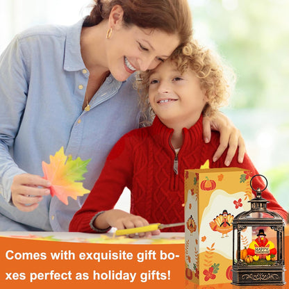 10.5'' Fall Snow Globe Lantern - Thanksgiving Glittering Lighted Water Lantern, Fall Decorations Autumn Harvest Day Gifts, Home Fall Halloween Decor (Turkey & Pumpkins)