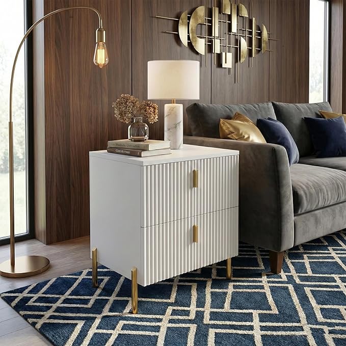 Luxury Fluted Night Stand, Nightstand with 2 Drawers, Modern Bedside Table with Golden Legs and Handles, End Tables for Living Room Bedroom, White