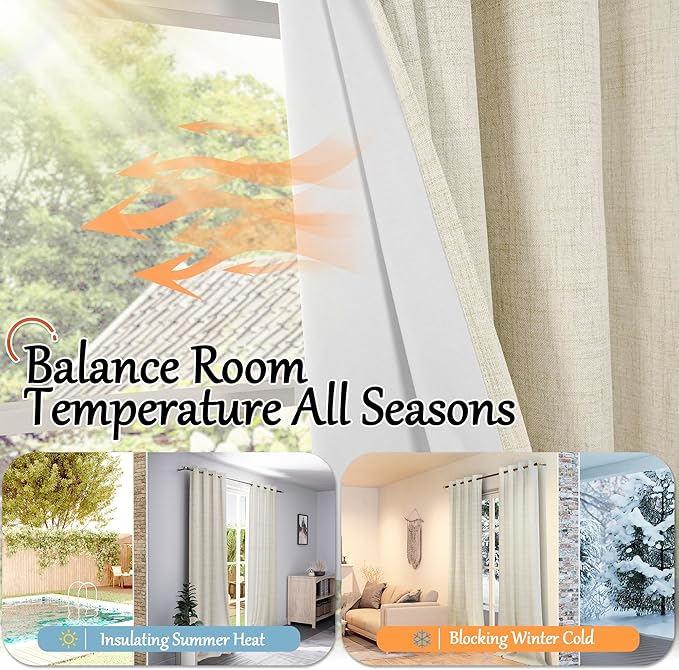 100% Blackout Curtains for Bedroom 63 Inch Length 2 Panels, Thermal Insulated Complete Light Blocking Noise Reducing Linen Window Curtains for Nursery, Bronze Grommet, Each 52" Wide, Natural