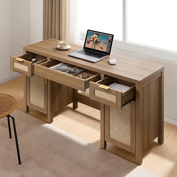 SICOTAS Rattan Vanity Home Office Desk - 52" Large Farmhouse Boho Makeup Vanity Dressing Table with 3 Drawers & 2 Storage Cabinets, Vanities Desk for Makeup Room,Bedroom, Home Office, Oak