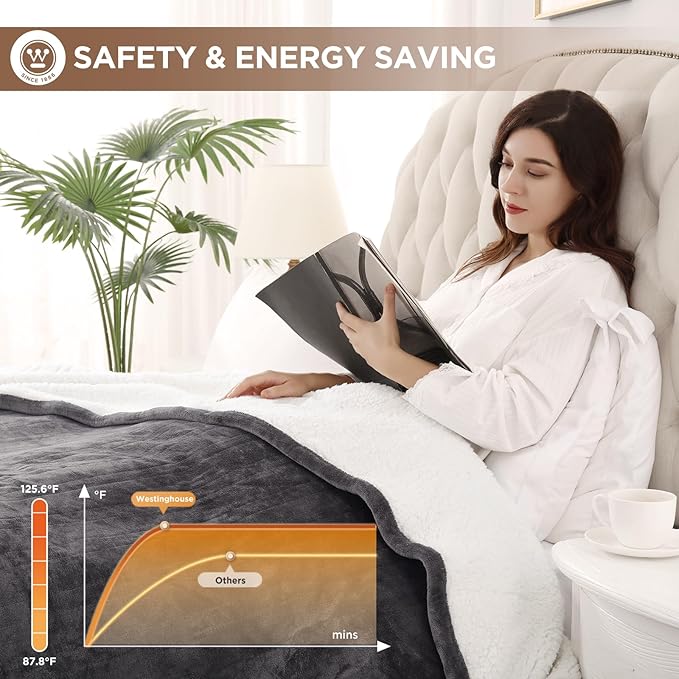 Westinghouse Heated Blanket Full Size, Soft Flannel to Sherpa Electric Blanket with 10 Heating Levels, 1-12 Hours Auto Shut Off, Fast Heating Warming Blanket, Machine Washable, 72x84 Inch, Charcoal