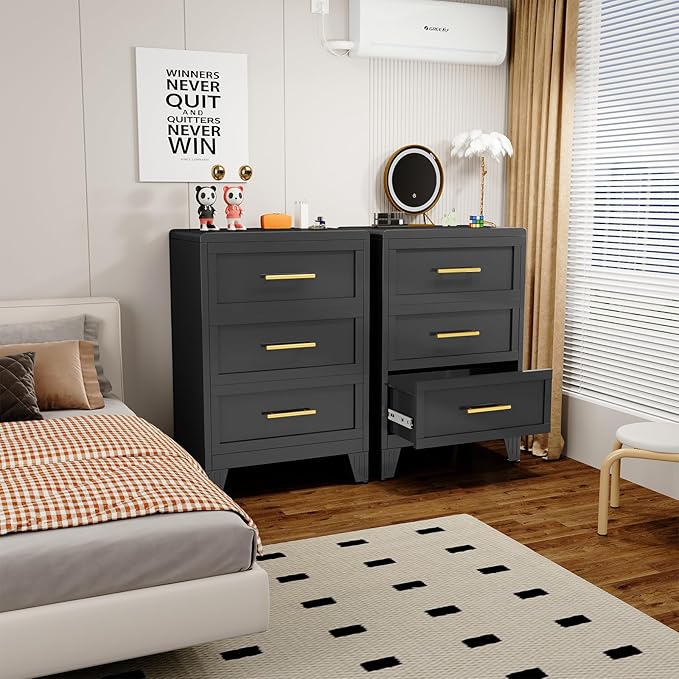 Metal Small Dresser for Bedroom, Black Dressers & Chest of Drawers, 3 Drawer Dresser with Curved Corner, Storage Cabinet for Living Room, Entryway, Home Office (Black, 24" W)