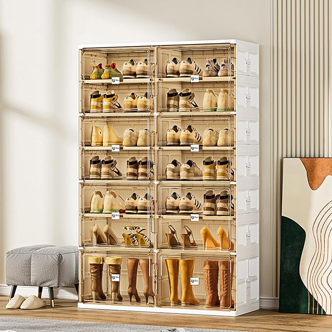 28 Pairs Shoes and Boots Storage Cabinet of 3-Step Fast Installation,Plastic Shoe Box with Clear Magnetic Door for Display, Shoe Organizer for Sneaker, Sandals, Heels (2 Row, 7 Tier)