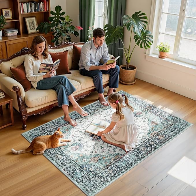 Area Rugs 4'x6' Washable Non-Slip, Floral Vintage Distress Print Pattern Medallion Carpet for Living Room Bedroom Dining Room, Green Navy Blue White Red Teal Colorful