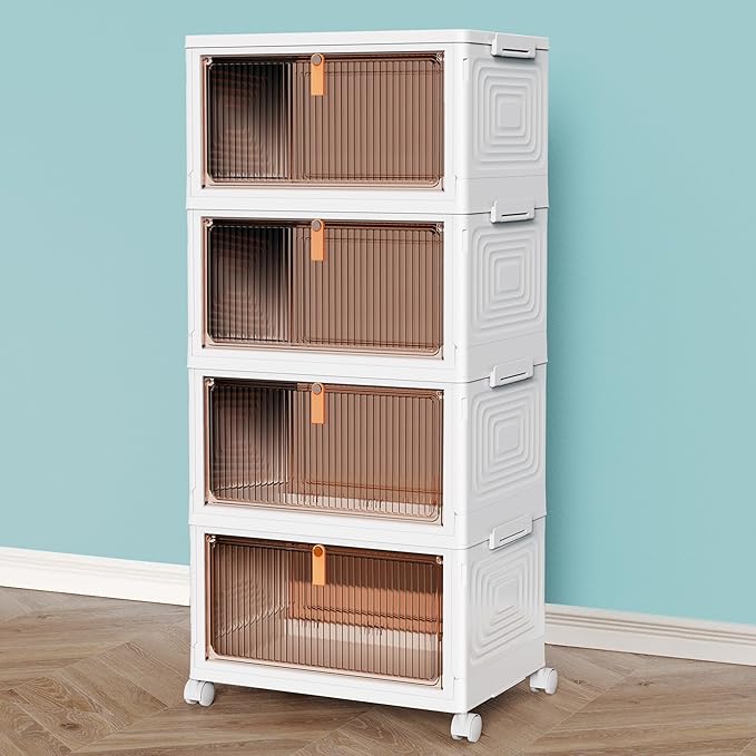 CTSNSLH 4 Tier Plastic Storage Bins and Boxes Organizer - Stackable with Lids for Bedroom, Living Room, Office - Foldable Containers