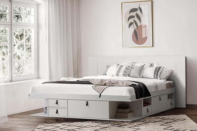 memomad Bali Slim Set: Storage Platform Bed with Drawers + Flat Panel Headboard (King Size, White Wood)