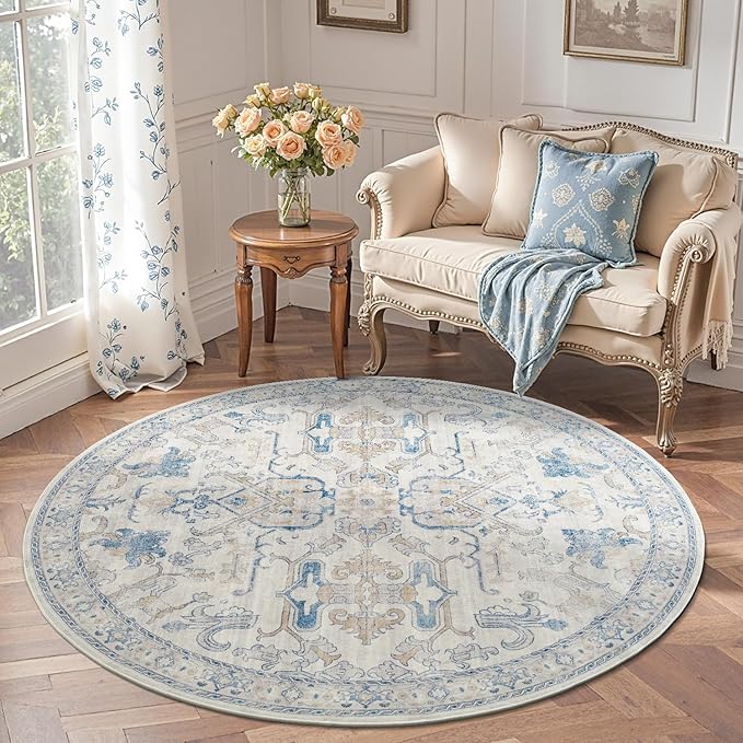 jinchan Round Rug 5ft Area Rug Indoor Vintage Floral Circle 5' Washable Ultra-Thin Low Pile Soft Small Non Slip Distressed Print for Living Room Dining Room Bedroom Entryway Blue
