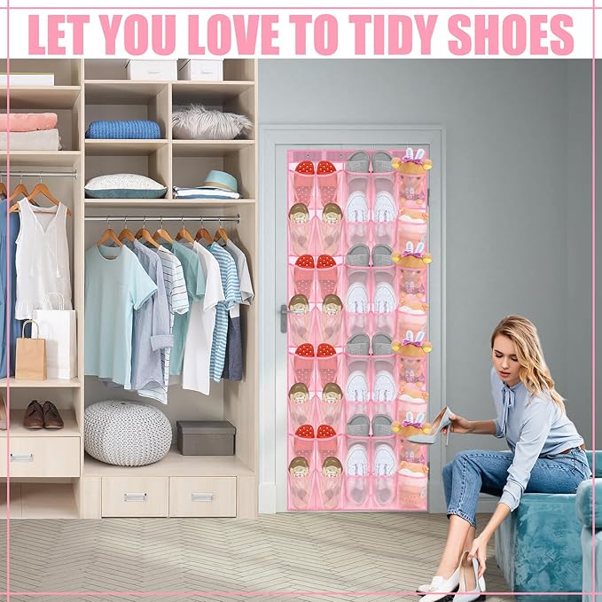 Windyun 40 Over the Door Shoe Organizer Large Breathable Mesh Pockets Pink Hanging Shoe Rack for Closet Behind Door Hanger Storage Holder Nonslip Hooks for Women Entryway Bedroom Utility Room