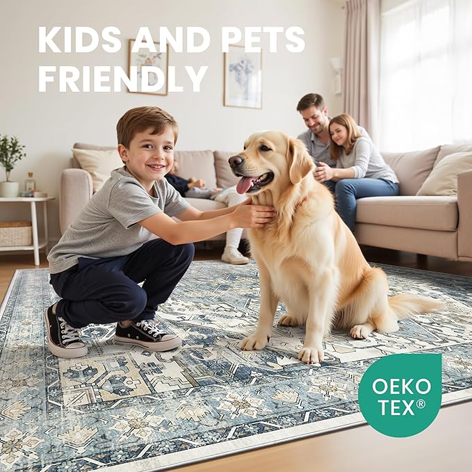 zesthome 10x12 Area Rugs-Washable Rug for Living Room, Non-Slip Backing Rugs, Stain Resistant 10x12 Rug for Bedroom, Ultra-Thin Low Pile Rugs, Vintage Large Home Decor
