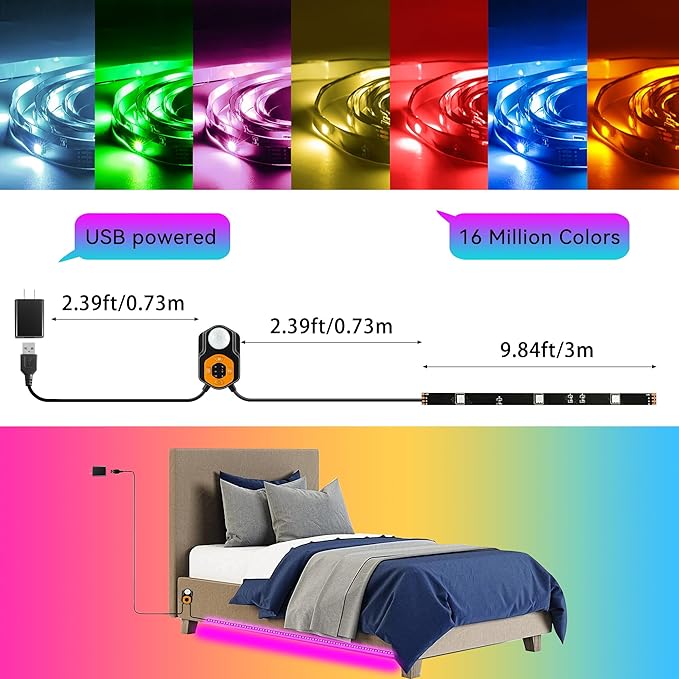 Under Bed Lights Motion Sensor LED Light Strip, 20ft 3 Mode RGB Motion Activated Bed Light with Music Sync and Timer, Color Changing Dimmable LED Light for Bedroom Stair