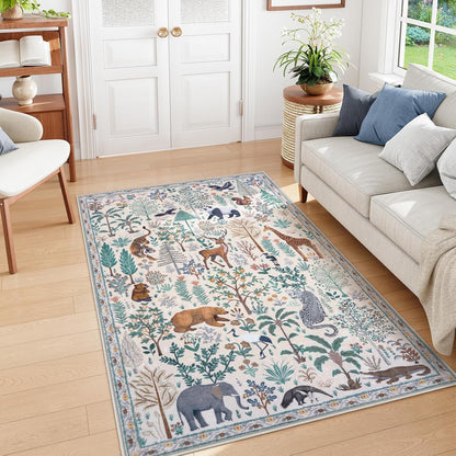OJIA Jungle Print Washable Area Rugs 5x7, Soft Modern Rugs for Living Room Ultra-Thin Non-Shedding Bedroom Rug, Stain Resistant Neutral Area Rug Large Carpet for Dining Room Kids Nursery Playroom