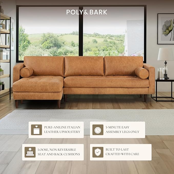 POLY & BARK Napa 104.5" Left-Facing Sectional Sofa – Cognac Tan Full-Grain Pure-Aniline Italian Leather, Feather-Down Cushions, Kiln-Dried Solid Wood Frame, Walnut Legs