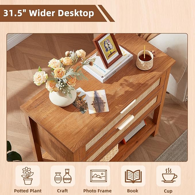 LEYAOYAO 31.5" Wide Rattan Night Stand, Oversized Large Boho Nightstand with 2 Drawer, Tea Brown Bed Side End Tables with Storage Shelf, Tall Bedside Table for Bedroom Living Room, Hallway