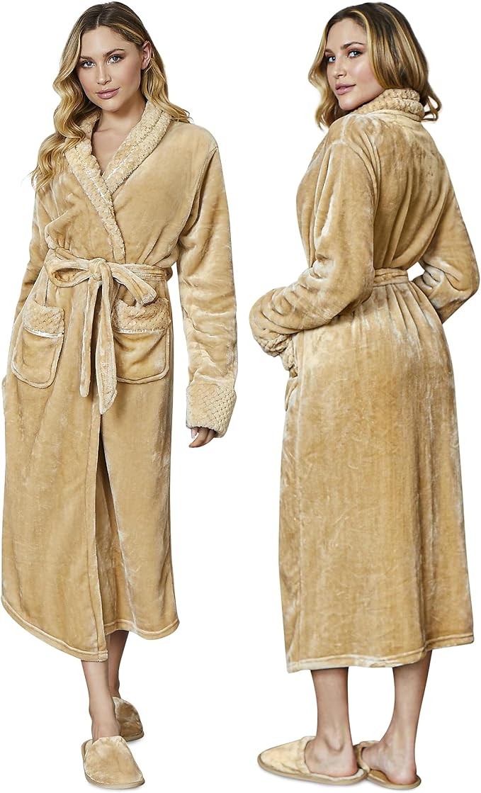 Lotus Linen Plush Robes for Women - Soft Bathrobe, Custom Monogram, Warm Fleece Robe with Pockets